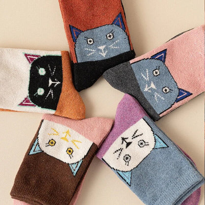 Anysox 5 Pairs Size 35-40 Mixed Color Cat Face Cartoon Fashion Socks High Quality Woollen Stockings Foot Wear-Socks-PEROZ Accessories