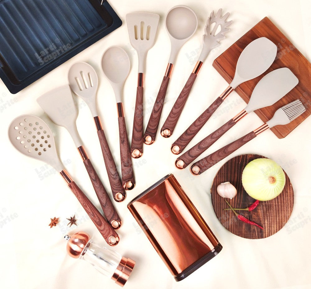 Anygleam Kitchen Utensils Non-stick Brown 12 Set Gold Plated Handle with Support Point Cooking Tool Accessories Heat Resistant Kitchenware-Spatula and Shovel-PEROZ Accessories