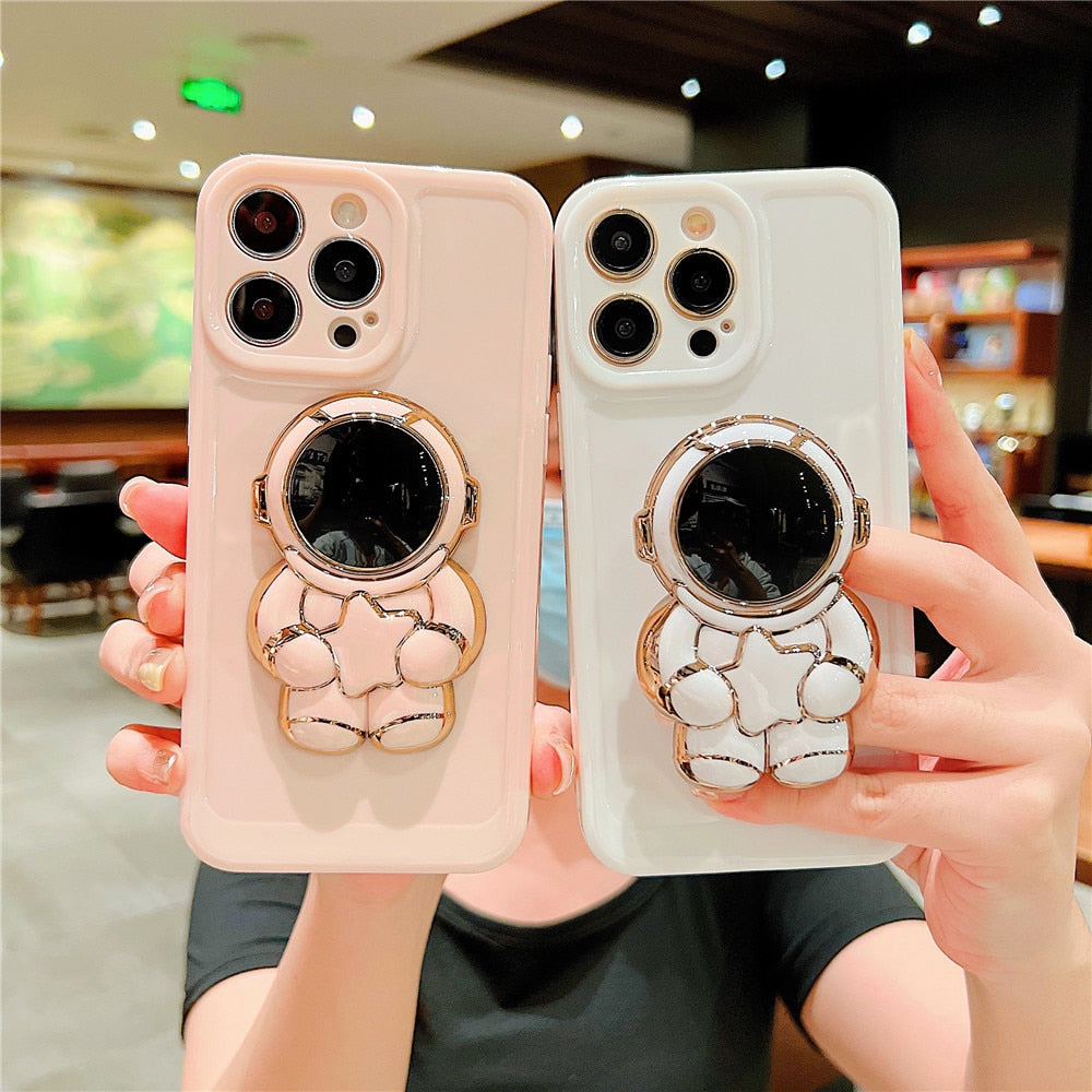 Anymob iPhone Astronaut Plating Stand Holder Phone Case For iPhone 13 14 Pro Max Soft Silicon Shockproof Cover-Mobile Phone Cases-PEROZ Accessories