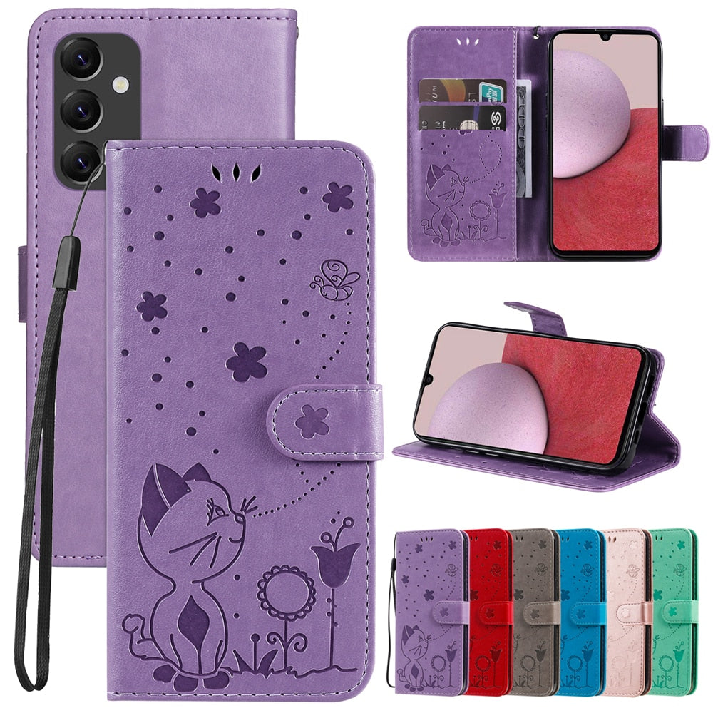 Anymob Samsung Case Green 3D Cat Embossed PU Leather Flip Phone Cover Protection-Mobile Phone Cases-PEROZ Accessories