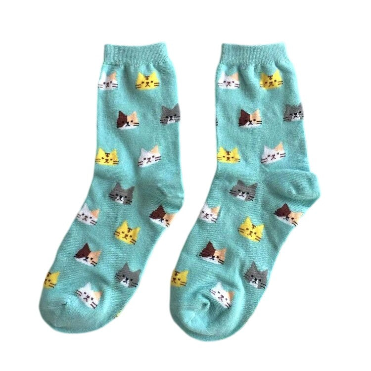 Anysox 5 Pairs Sky Blue Cat Size 5-9 Fashion Socks High Quality Office Sports Bussiness Long Socks Cotton Solid Colors Skateboard Knitted Casual-Socks-PEROZ Accessories