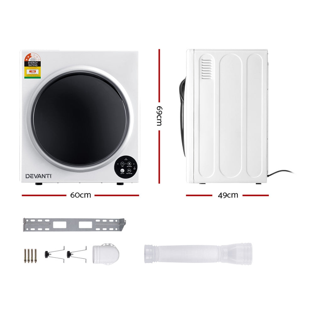 Devanti 5kg Tumble Dryer Fully Auto Wall Mount Kit Clothes Machine Vented White-Appliances &gt; Washers &amp; Dryers-PEROZ Accessories