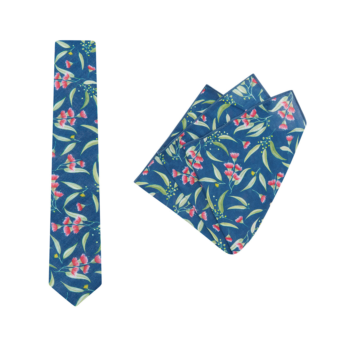 TIE + POCKET SQUARE SET. Ali Wilkinson Flowering Gum Print. Teal. Supplied with matching pocket square.-Ties-PEROZ Accessories