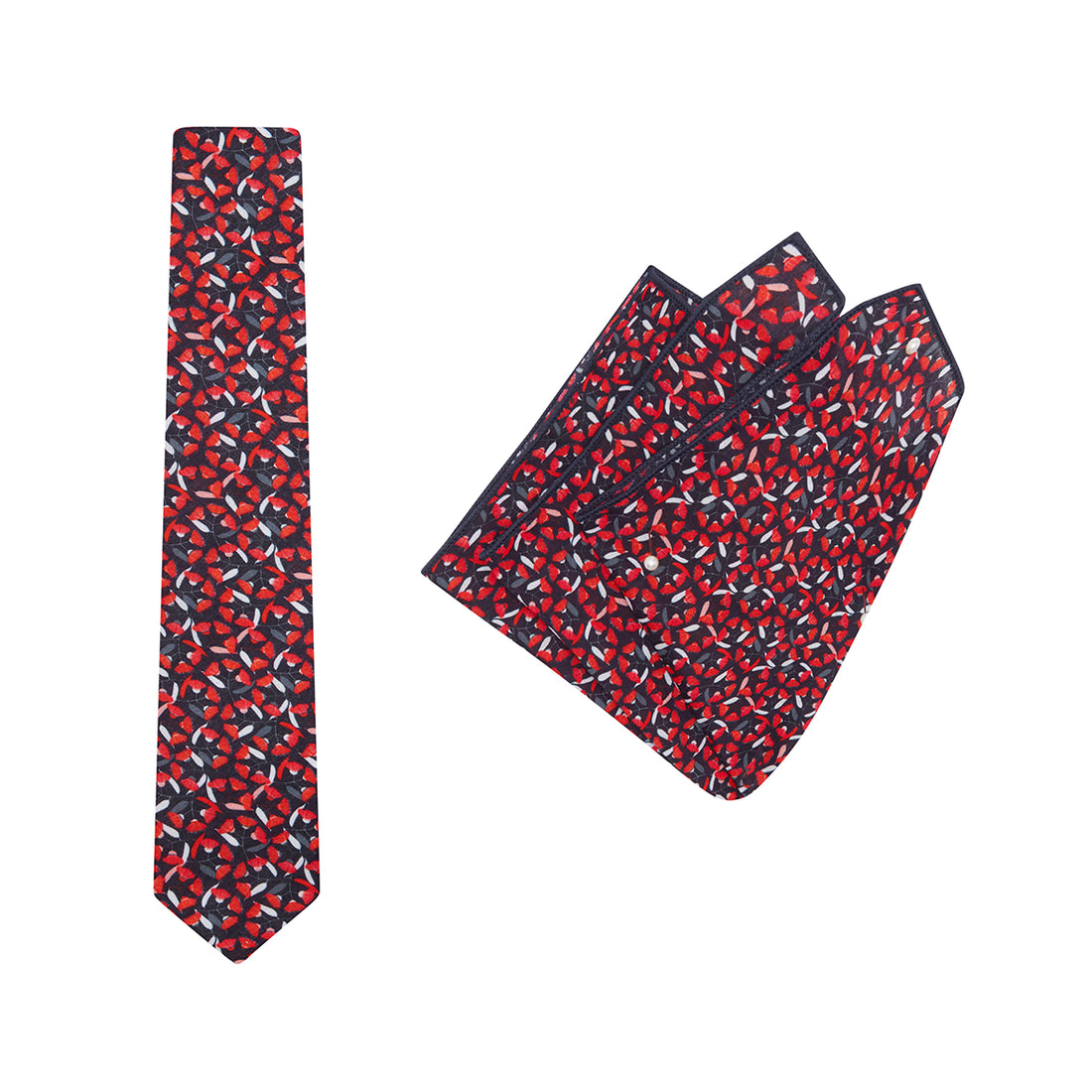 TIE + POCKET SQUARE SET. Jocelyn Proust Gum Blossom Print. Red/Navy. Supplied with matching pocket square.-Ties-PEROZ Accessories