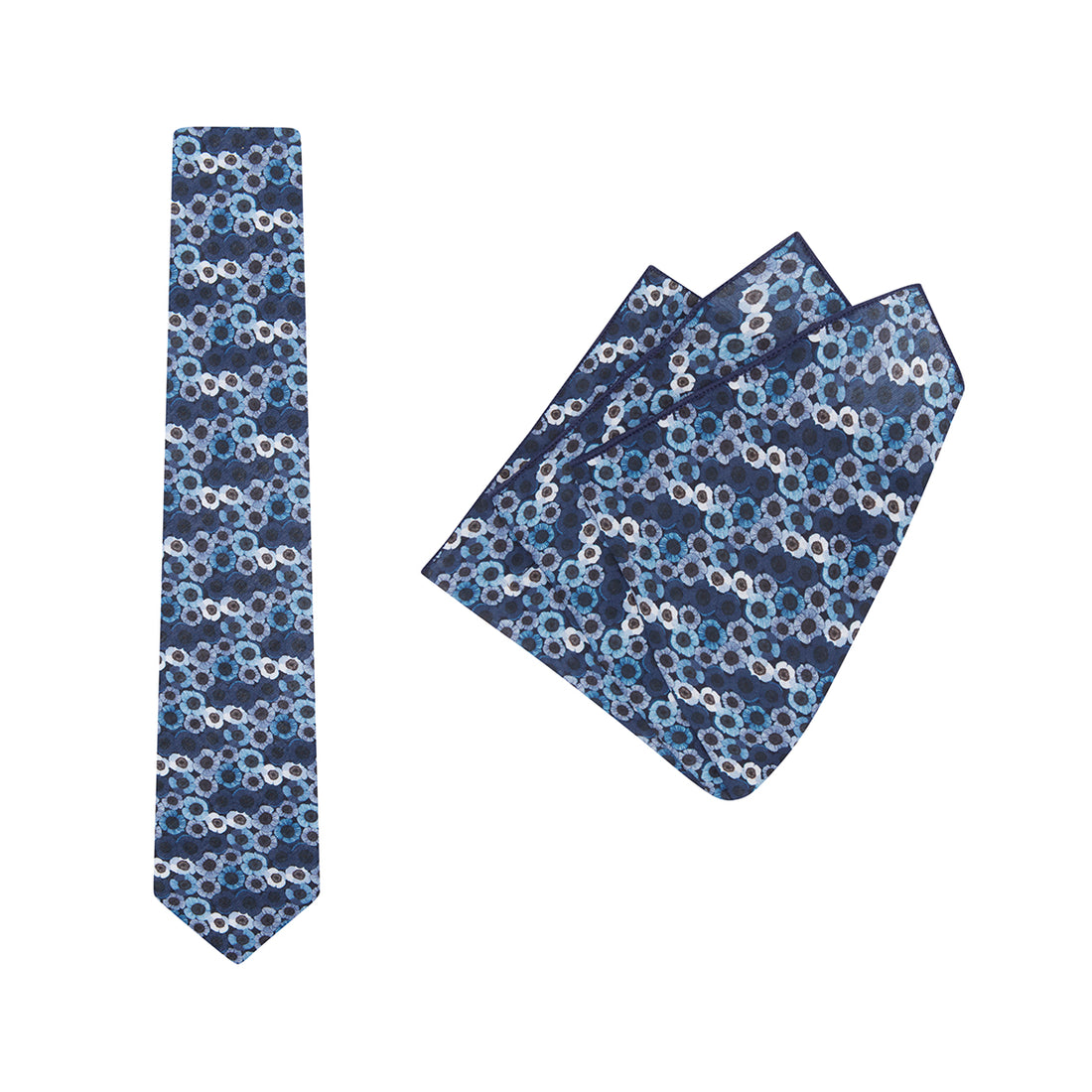 TIE + POCKET SQUARE SET. Jocelyn Proust Poppy Print. Navy/Silver. Supplied with matching pocket square.-Ties-PEROZ Accessories