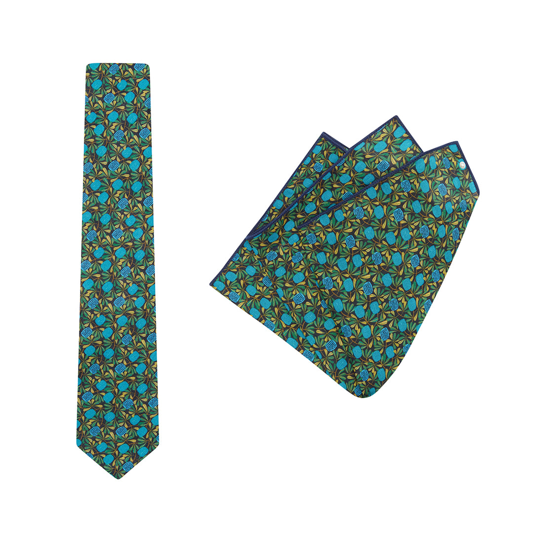TIE + POCKET SQUARE SET. Jocelyn Proust Coastal Banksia Print. Navy/Aqua. Supplied with matching pocket square.-Ties-PEROZ Accessories