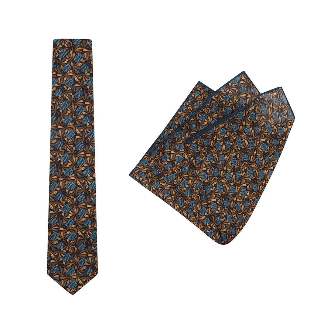 TIE + POCKET SQUARE SET. Jocelyn Proust Coastal Banksia Print. Navy/Brown. Supplied with matching pocket square.-Ties-PEROZ Accessories