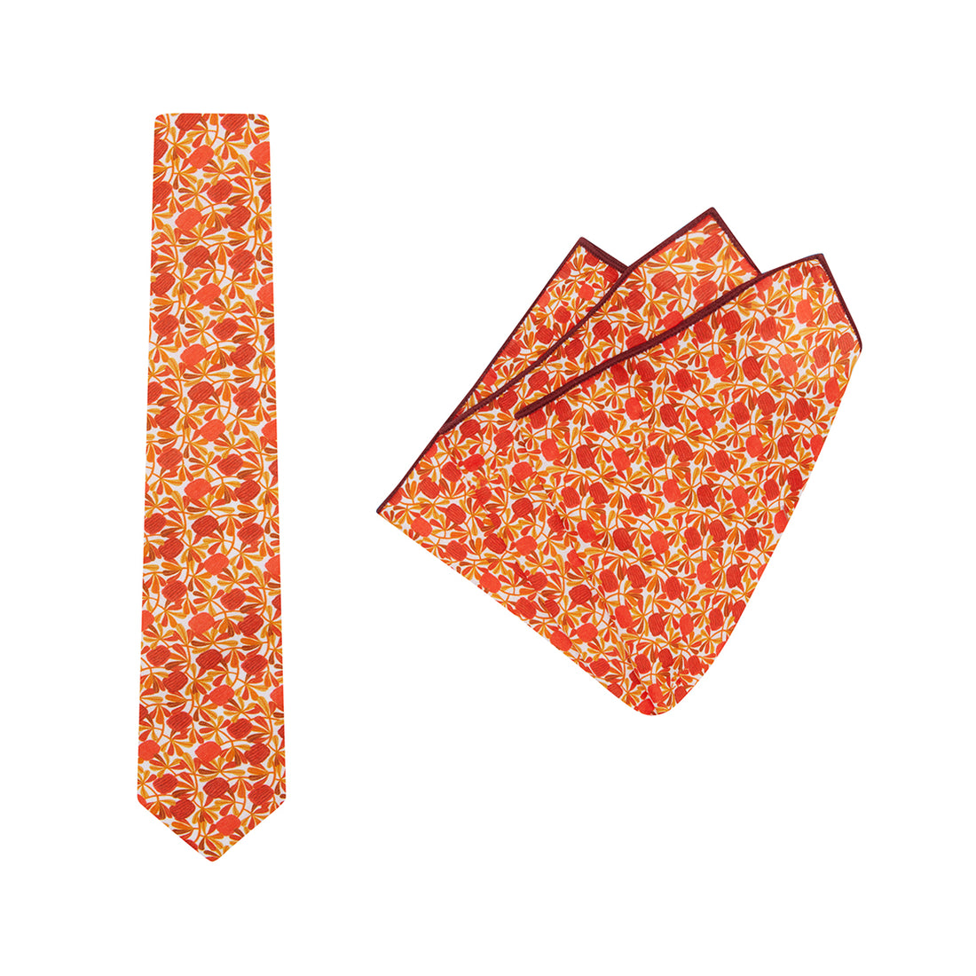TIE + POCKET SQUARE SET. Jocelyn Proust Coastal Banksia Print. Red/Beige. Supplied with matching pocket square.-Ties-PEROZ Accessories