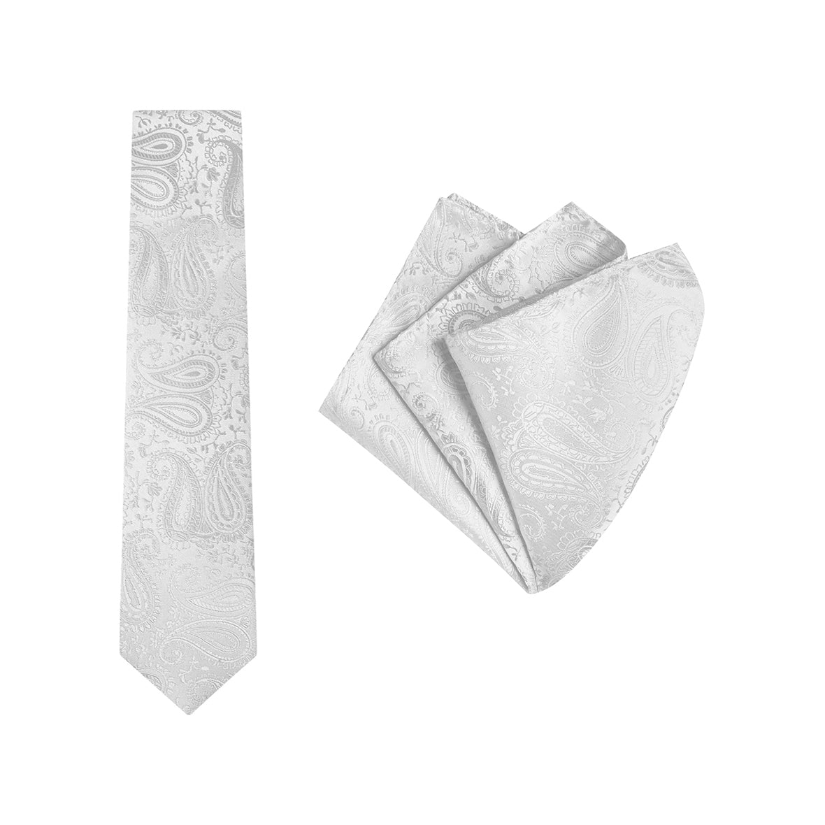 TIE + POCKET SQUARE SET. Paisley. Silver. Supplied with matching pocket square.-Ties-PEROZ Accessories