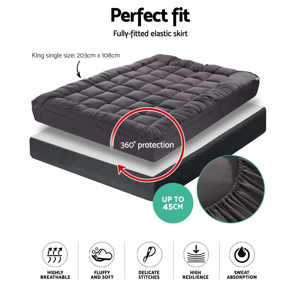 Giselle King Single Mattress Topper Pillowtop 1000GSM Charcoal Microfibre Bamboo Fibre Filling Protector-Home &amp; Garden &gt; Bedding-PEROZ Accessories
