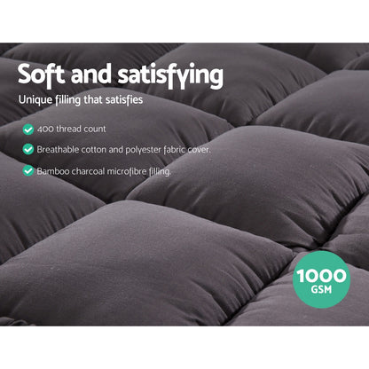 Giselle King Single Mattress Topper Pillowtop 1000GSM Charcoal Microfibre Bamboo Fibre Filling Protector-Home &amp; Garden &gt; Bedding-PEROZ Accessories