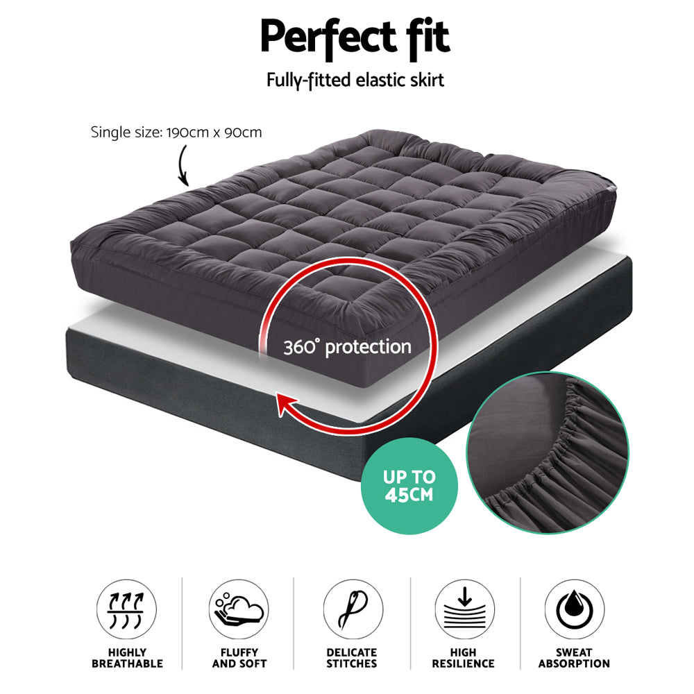 Giselle Single Mattress Topper Pillowtop 1000GSM Charcoal Microfibre Bamboo Fibre Filling Protector-Home &amp; Garden &gt; Bedding-PEROZ Accessories