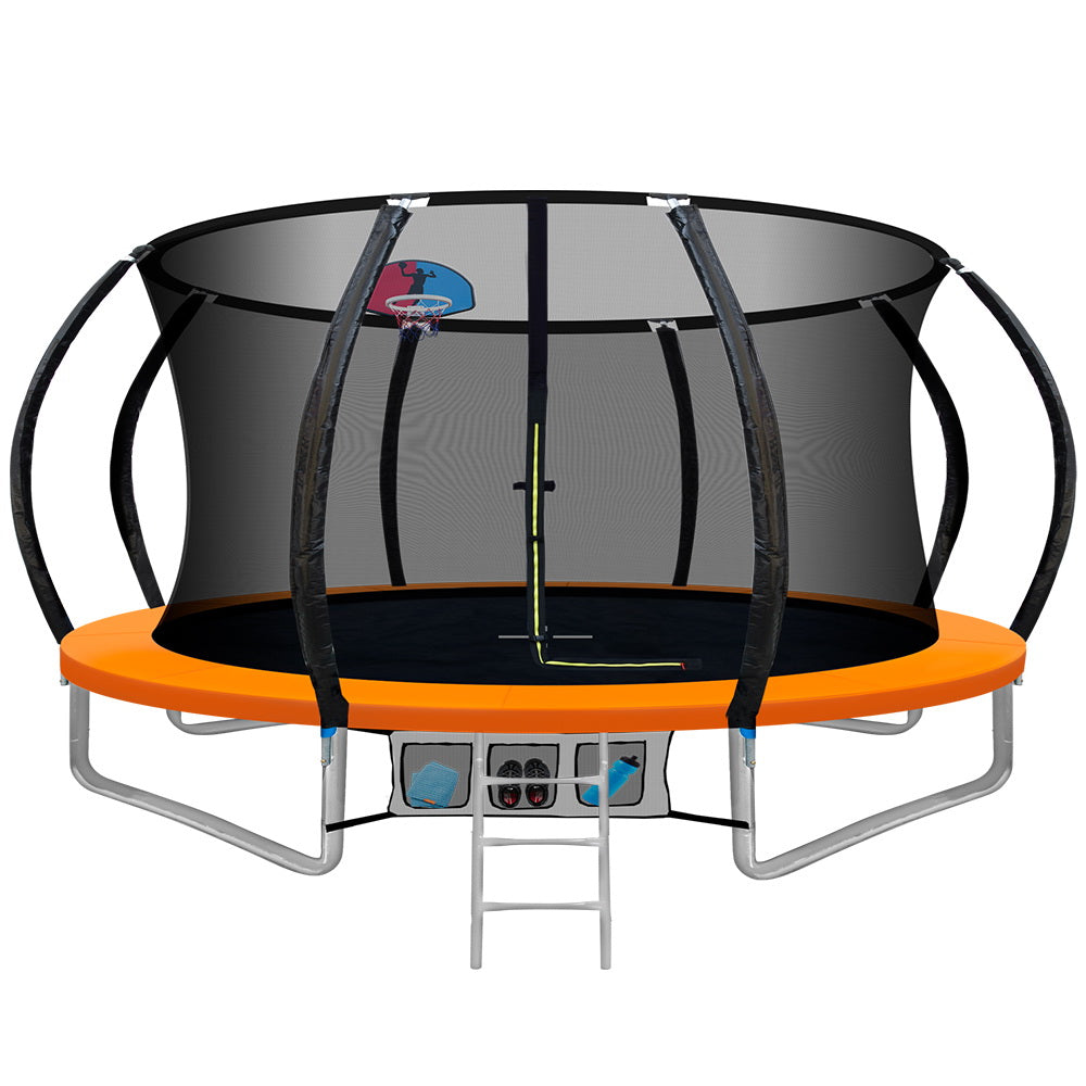 Everfit 12FT Trampoline Round Trampolines With Basketball Hoop Kids Present Gift Enclosure Safety Net Pad Outdoor Orange-Sports &amp; Fitness &gt; Trampolines-PEROZ Accessories