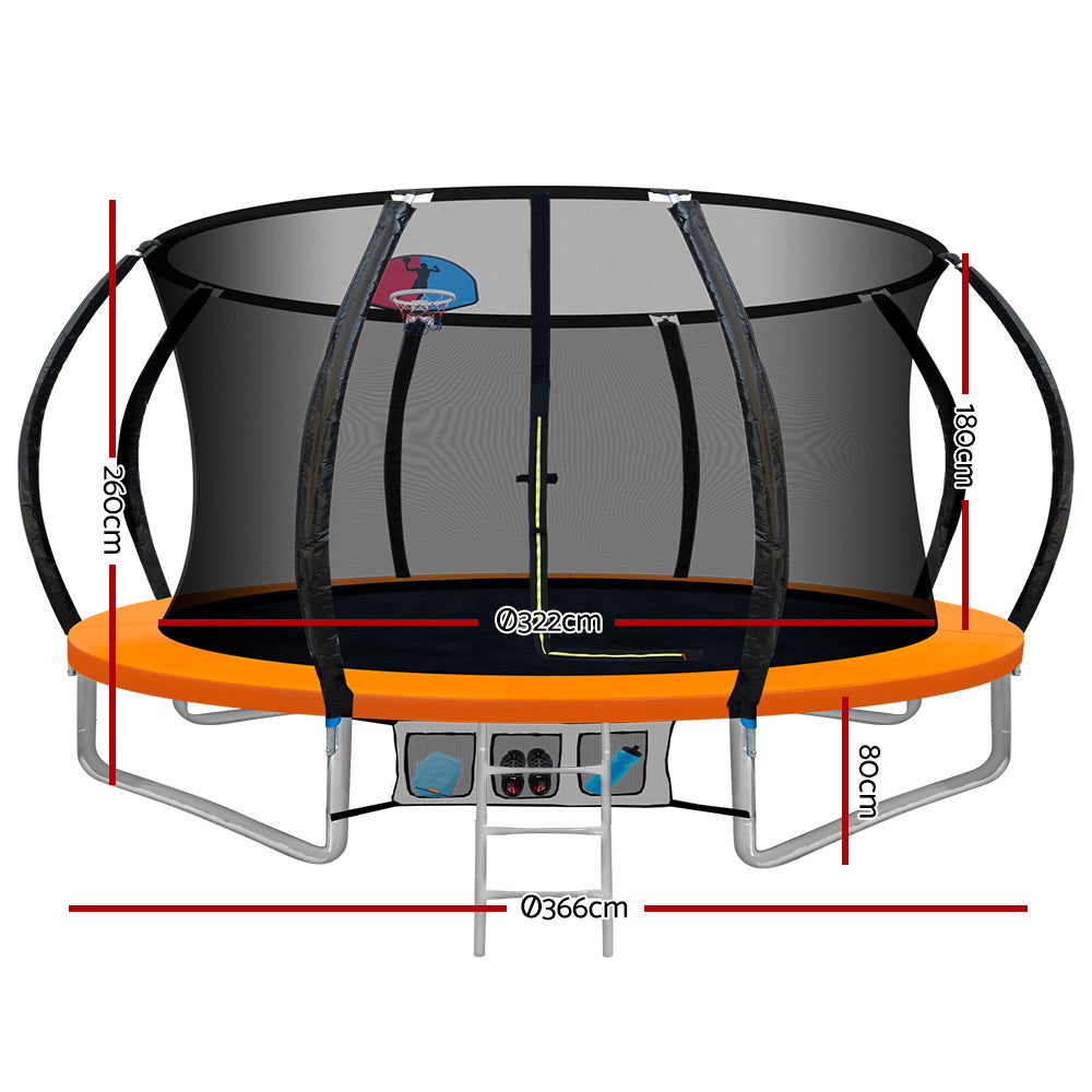 Everfit 12FT Trampoline Round Trampolines With Basketball Hoop Kids Present Gift Enclosure Safety Net Pad Outdoor Orange-Sports &amp; Fitness &gt; Trampolines-PEROZ Accessories