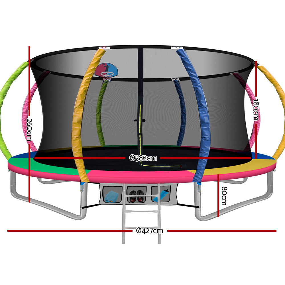 Everfit 14FT Trampoline Round Trampolines With Basketball Hoop Kids Present Gift Enclosure Safety Net Pad Outdoor Multi-coloured-Sports &amp; Fitness &gt; Trampolines-PEROZ Accessories
