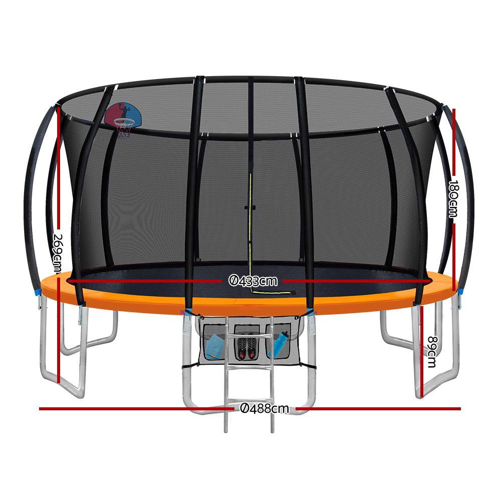 Everfit 16FT Trampoline Round Trampolines With Basketball Hoop Kids Present Gift Enclosure Safety Net Pad Outdoor Orange-Sports &amp; Fitness &gt; Trampolines-PEROZ Accessories