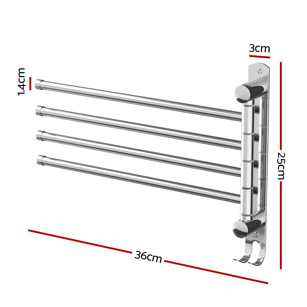 Towel Rail Rack Holder 4 Bars Wall Mounted Stainless Steel Swivel Hook-Home &amp; Garden &gt; Bathroom Accessories-PEROZ Accessories