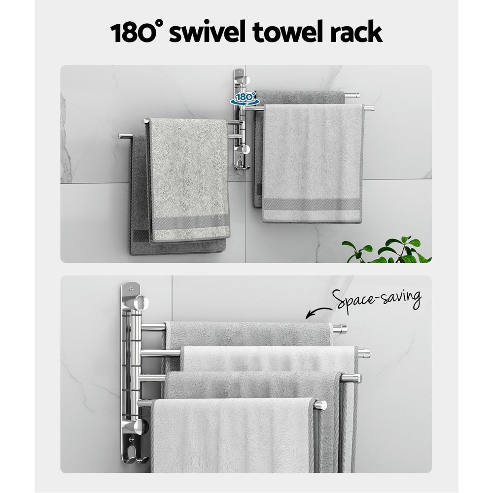 Towel Rail Rack Holder 4 Bars Wall Mounted Stainless Steel Swivel Hook-Home &amp; Garden &gt; Bathroom Accessories-PEROZ Accessories
