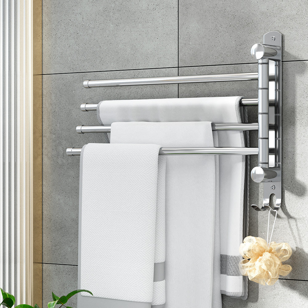 Towel Rail Rack Holder 4 Bars Wall Mounted Stainless Steel Swivel Hook-Home &amp; Garden &gt; Bathroom Accessories-PEROZ Accessories