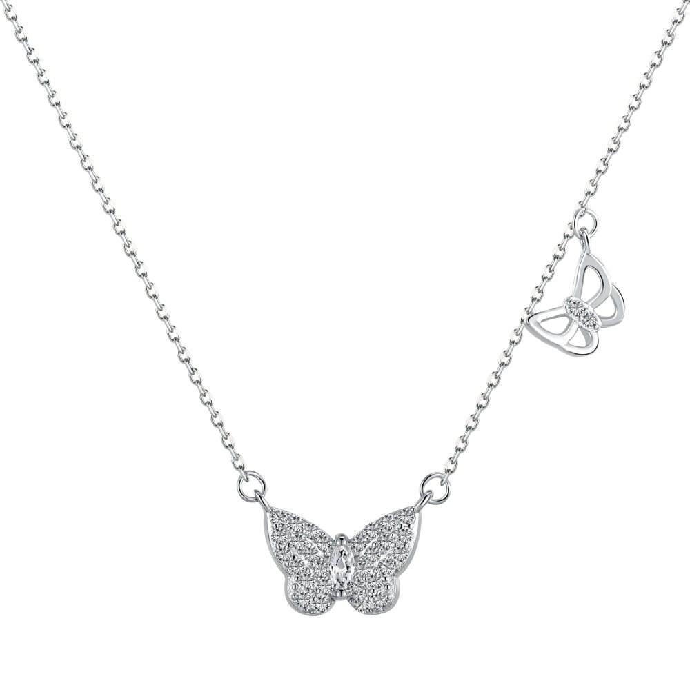 Anyco Necklace Silver 925 Sterling Silver Necklace Cubic Zircon 18K Gold Plated Jewelry Delicate Double Butterfly Pendent For Women-Necklace-PEROZ Accessories