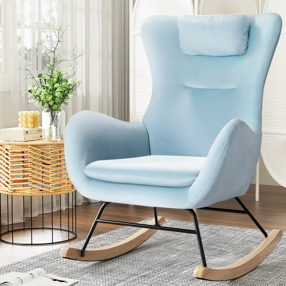 Artiss Rocking Chair Velvet Armchair Feeding Chair Blue-Furniture &gt; Bar Stools &amp; Chairs-PEROZ Accessories