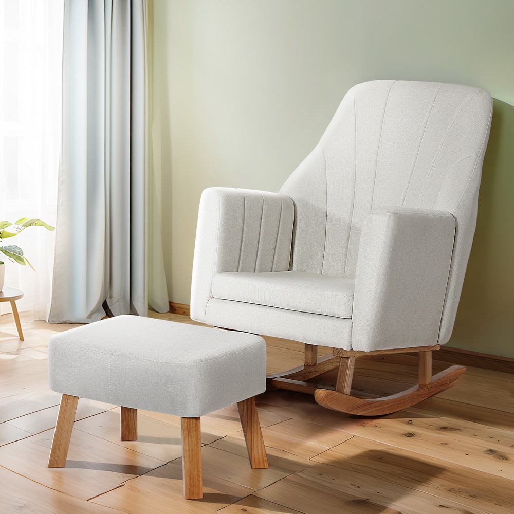 Artiss Rocking Chair Armchair Linen Fabric Beige Jonah-Furniture &gt; Bar Stools &amp; Chairs-PEROZ Accessories