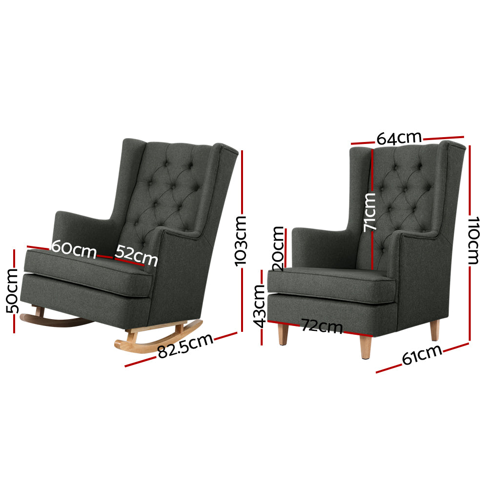 Artiss Rocking Armchair Feeding Chair Fabric Armchairs Lounge Recliner Charcoal-Furniture &gt; Living Room - Peroz Australia - Image - 2