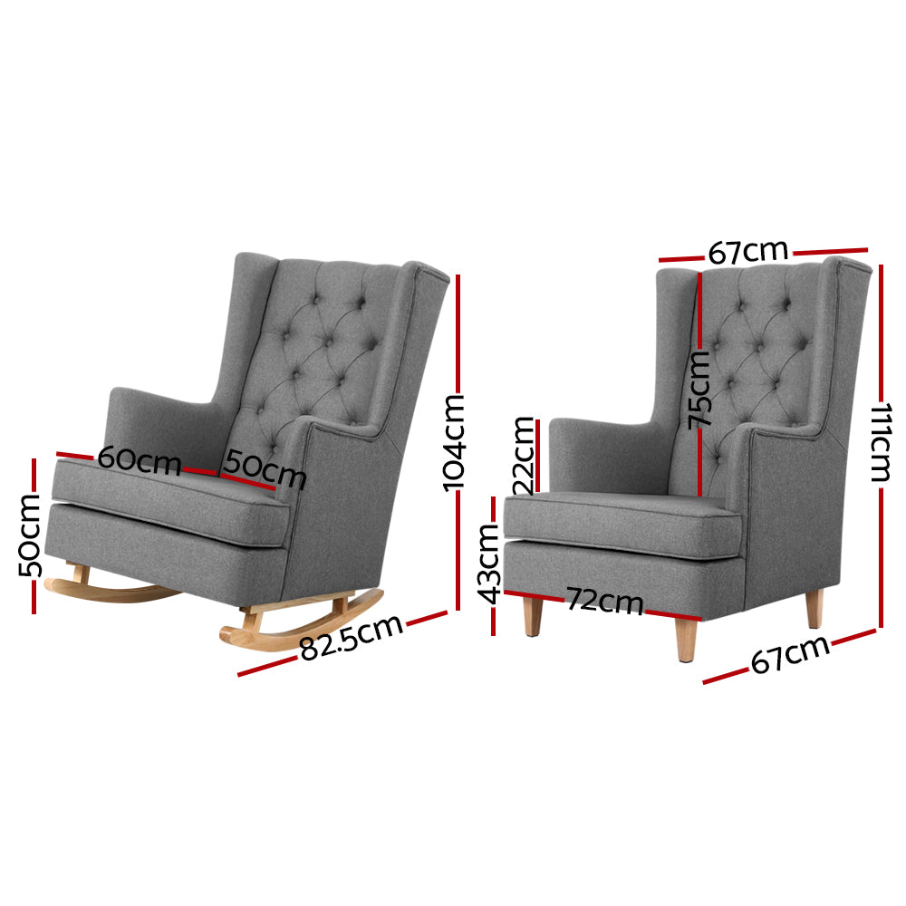 Artiss Rocking Armchair Feeding Chair Linen Fabric Armchairs Lounge Retro Grey-Furniture &gt; Living Room - Peroz Australia - Image - 2