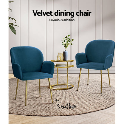 Artiss Set of 2 Kynsee Dining Chairs Armchair Cafe Chair Upholstered Velvet Blue-Dining Chairs - Peroz Australia - Image - 6