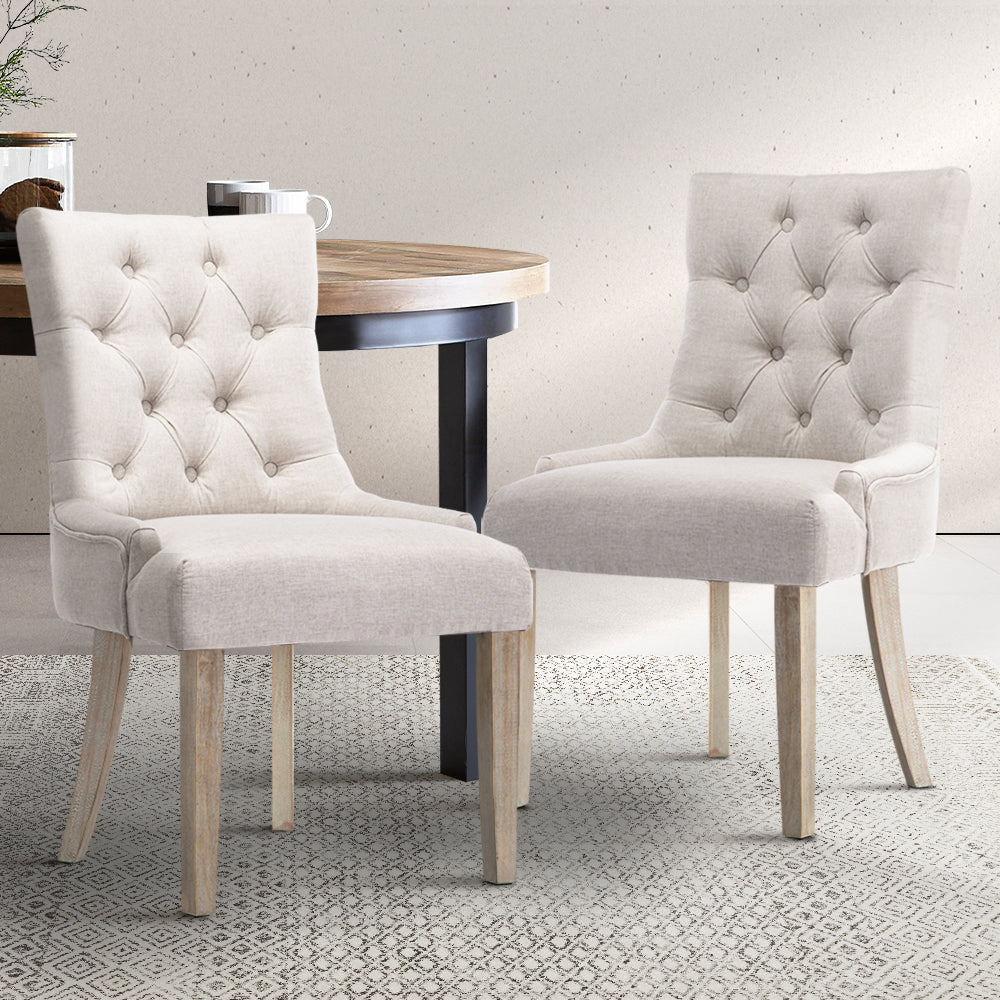 Artiss Set of 2 Dining Chair Beige CAYES French Provincial Chairs Wooden Fabric Retro Cafe-Furniture &gt; Dining - Peroz Australia - Image - 1
