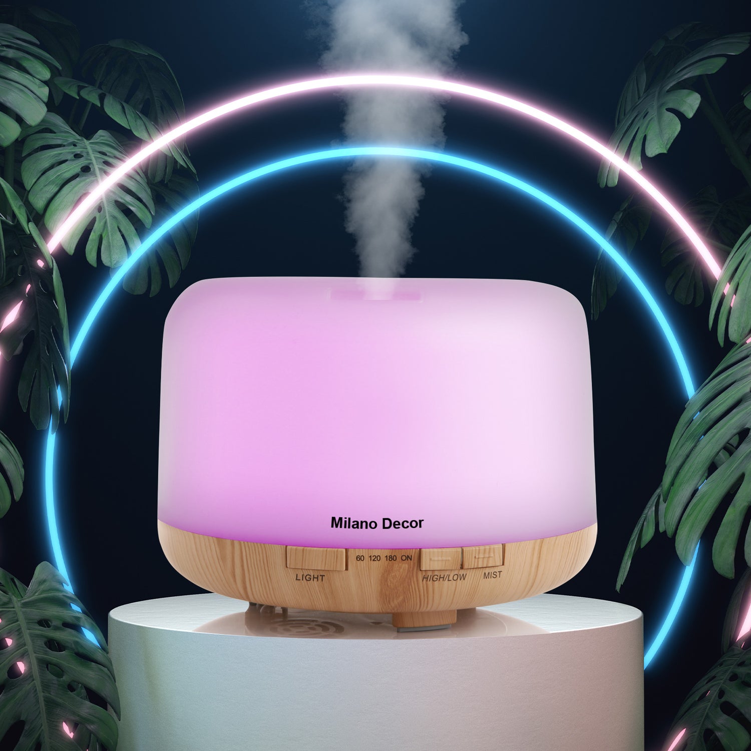 Milano Decor Mood Light Diffuser 500ml Ultrasonic Humidifier With 3 Pack Oils - Light Wood-Aroma Diffusers &amp; Humidifiers-PEROZ Accessories