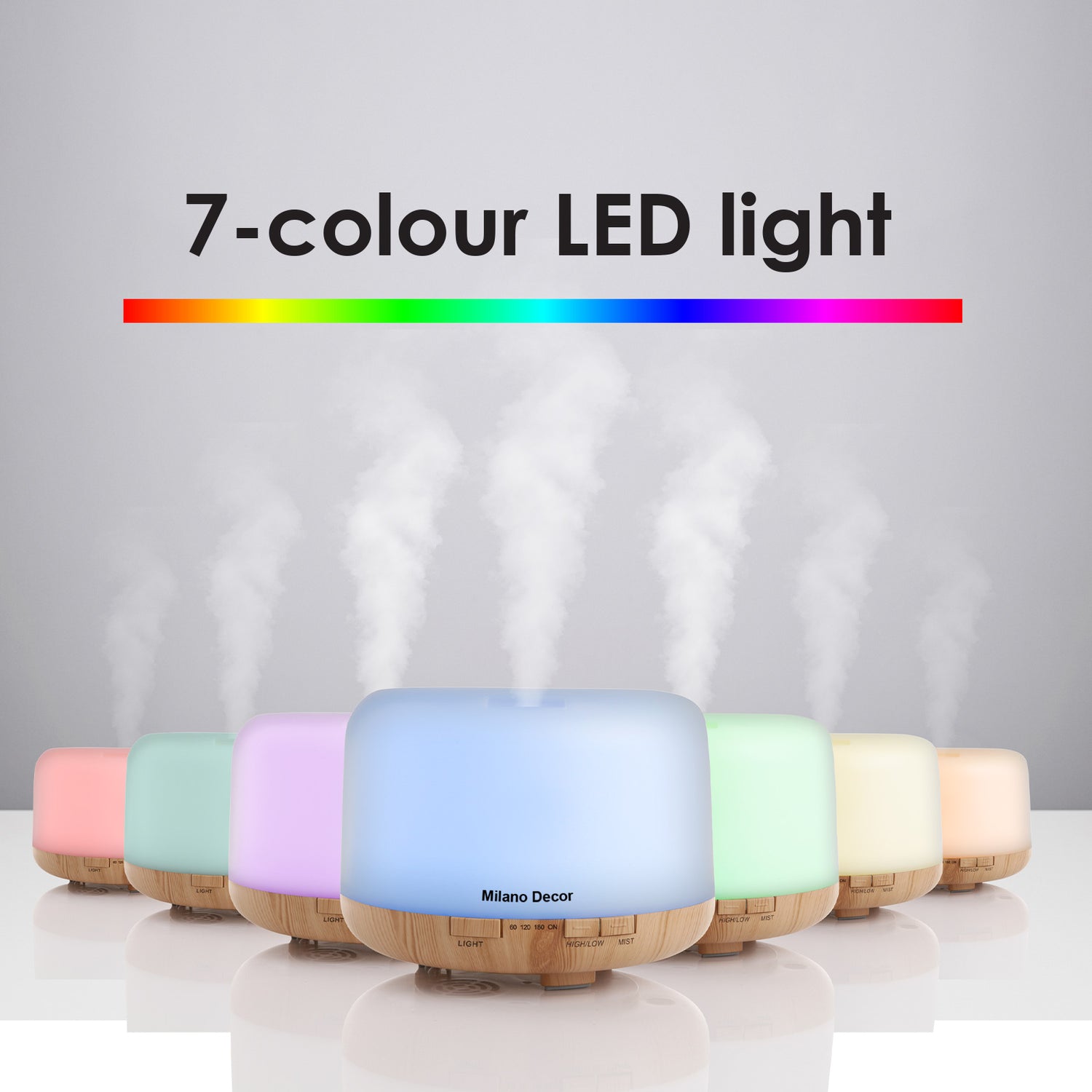 Milano Decor Mood Light Diffuser 500ml Ultrasonic Humidifier With 3 Pack Oils - Light Wood-Aroma Diffusers &amp; Humidifiers-PEROZ Accessories