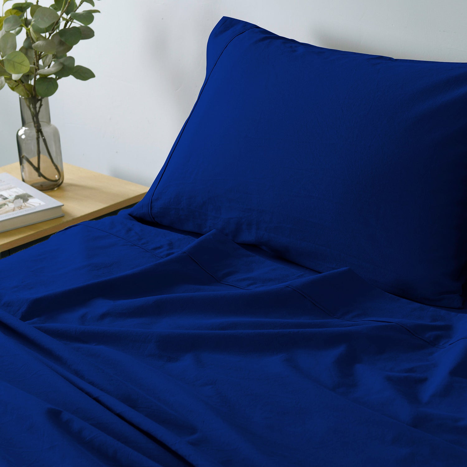 Royal Comfort Vintage Washed 100% Cotton Sheet Set Fitted Flat Sheet Pillowcases - Single - Royal Blue-Home &amp; Garden &gt; Bedding-PEROZ Accessories
