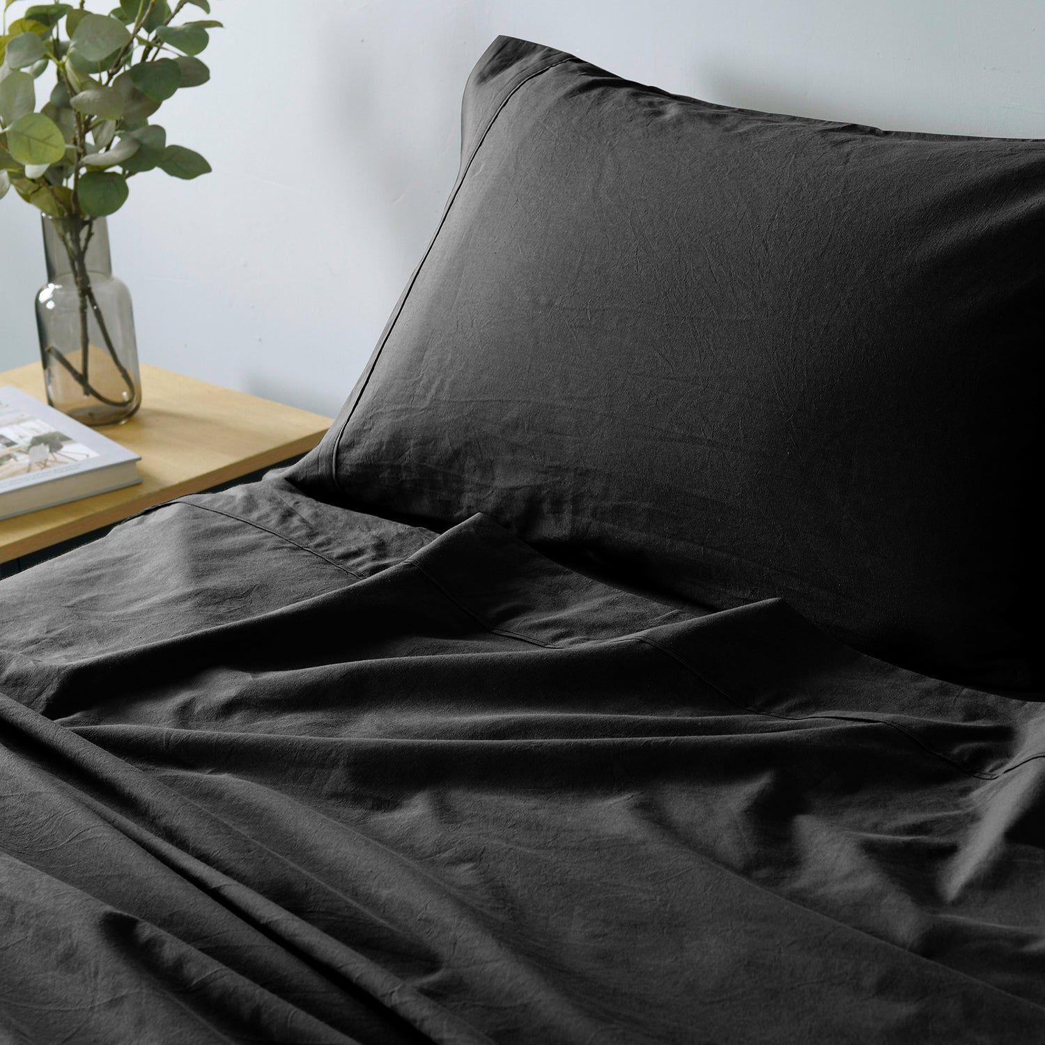 Royal Comfort Vintage Washed 100% Cotton Sheet Set Fitted Flat Sheet Pillowcases - Double - Charcoal-Home &amp; Garden &gt; Bedding-PEROZ Accessories
