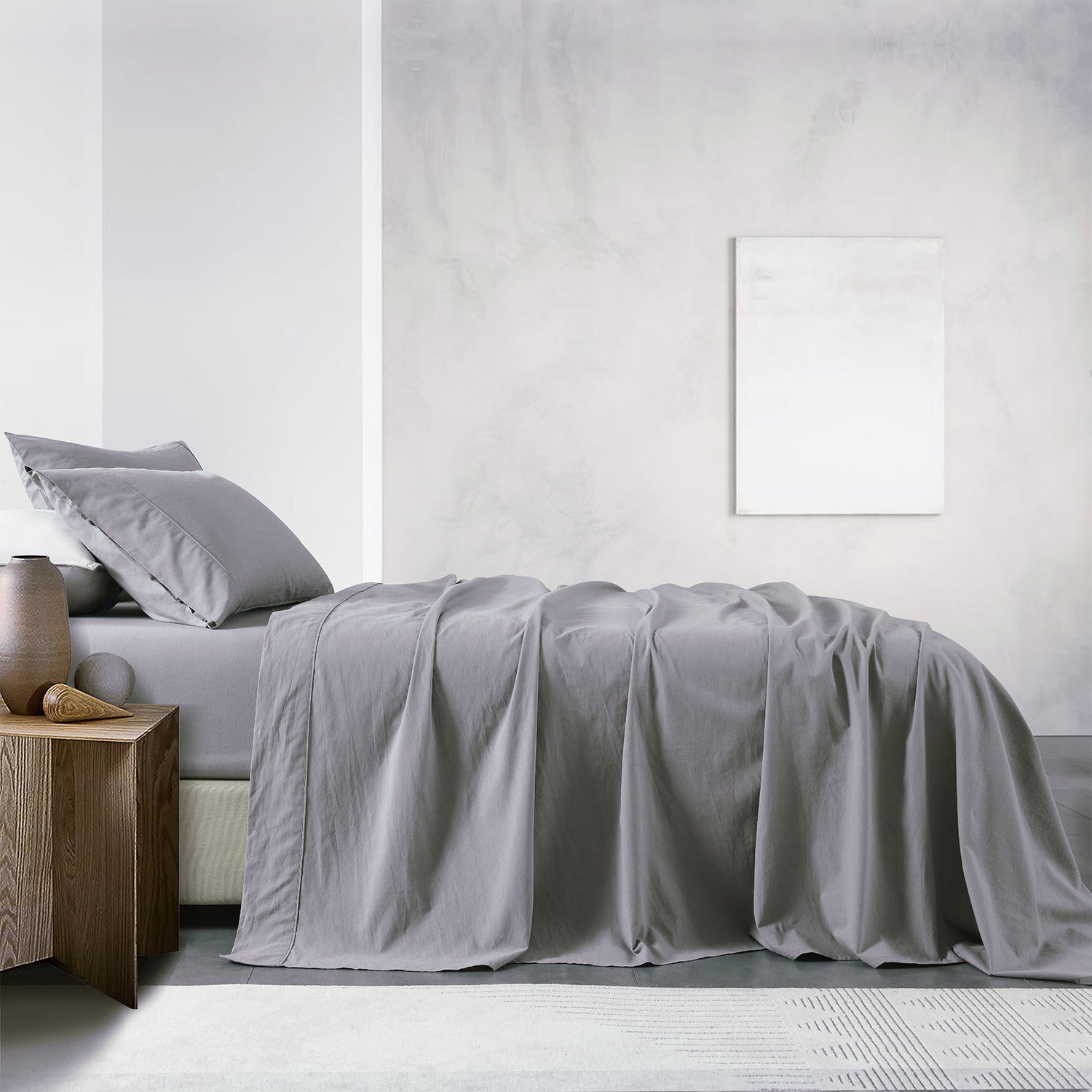 Royal Comfort Vintage Washed 100% Cotton Sheet Set Fitted Flat Sheet Pillowcases - Queen - Grey-Bed Sheets-PEROZ Accessories