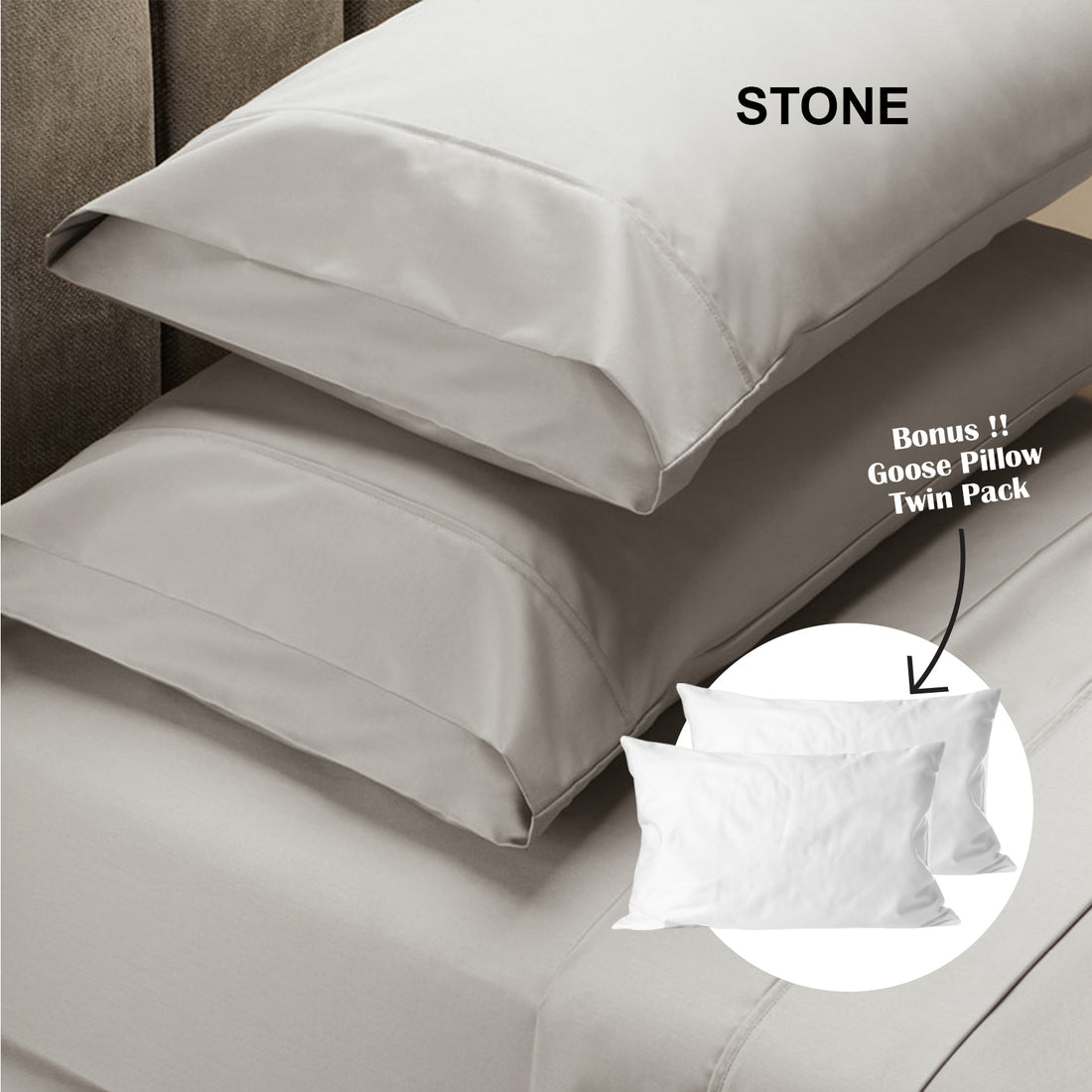 Royal Comfort 4 Piece 1500TC Sheet Set And Goose Feather Down Pillows 2 Pack Set - Double - Stone-Home &amp; Garden &gt; Bedding-PEROZ Accessories