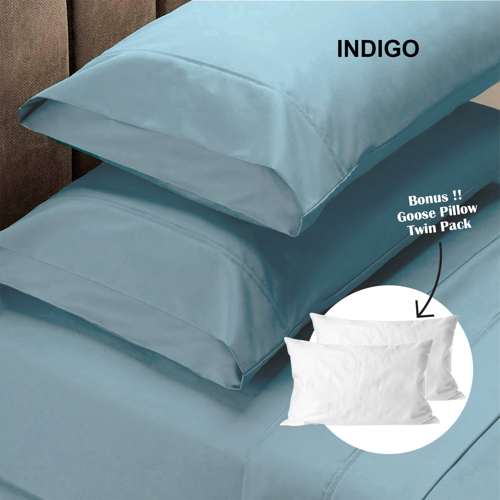 Royal Comfort 4 Piece 1500TC Sheet Set And Goose Feather Down Pillows 2 Pack Set - Queen - Indigo-Home &amp; Garden &gt; Bedding-PEROZ Accessories