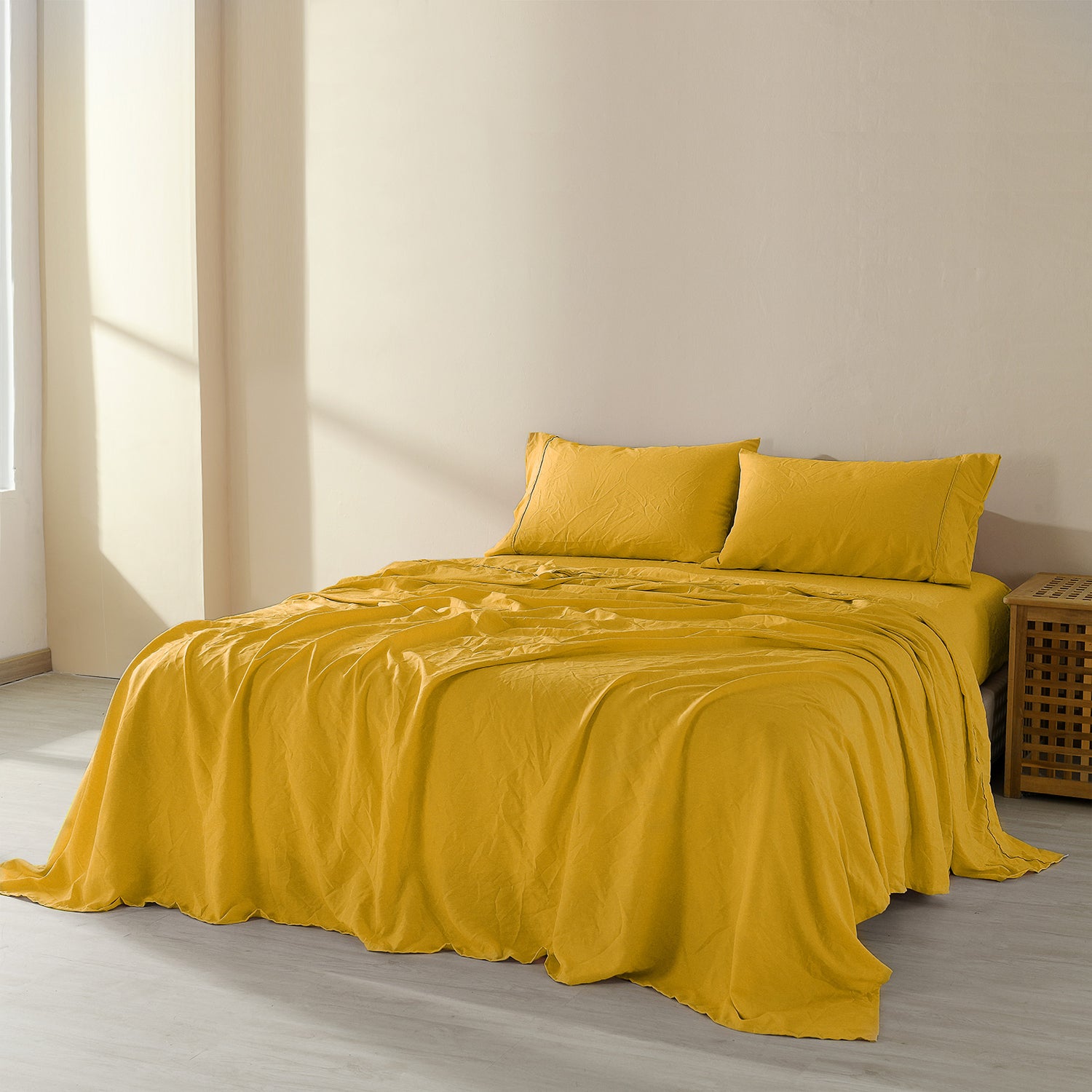 Royal Comfort Flax Linen Blend Sheet Set Bedding Luxury Breathable Ultra Soft - King - Mustard Gold-Home &amp; Garden &gt; Bedding-PEROZ Accessories