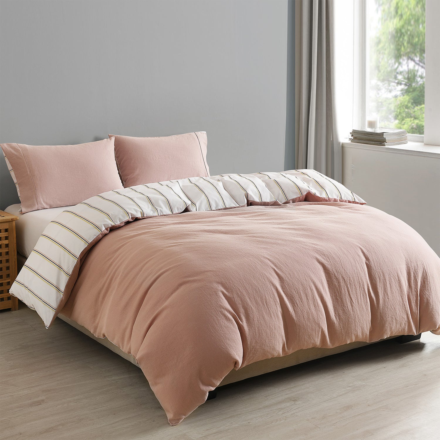 Royal Comfort Hemp Braid Cotton Blend Quilt Cover Set Reverse Stripe Bedding - Queen - Dusk Pink-Home &amp; Garden &gt; Bedding-PEROZ Accessories