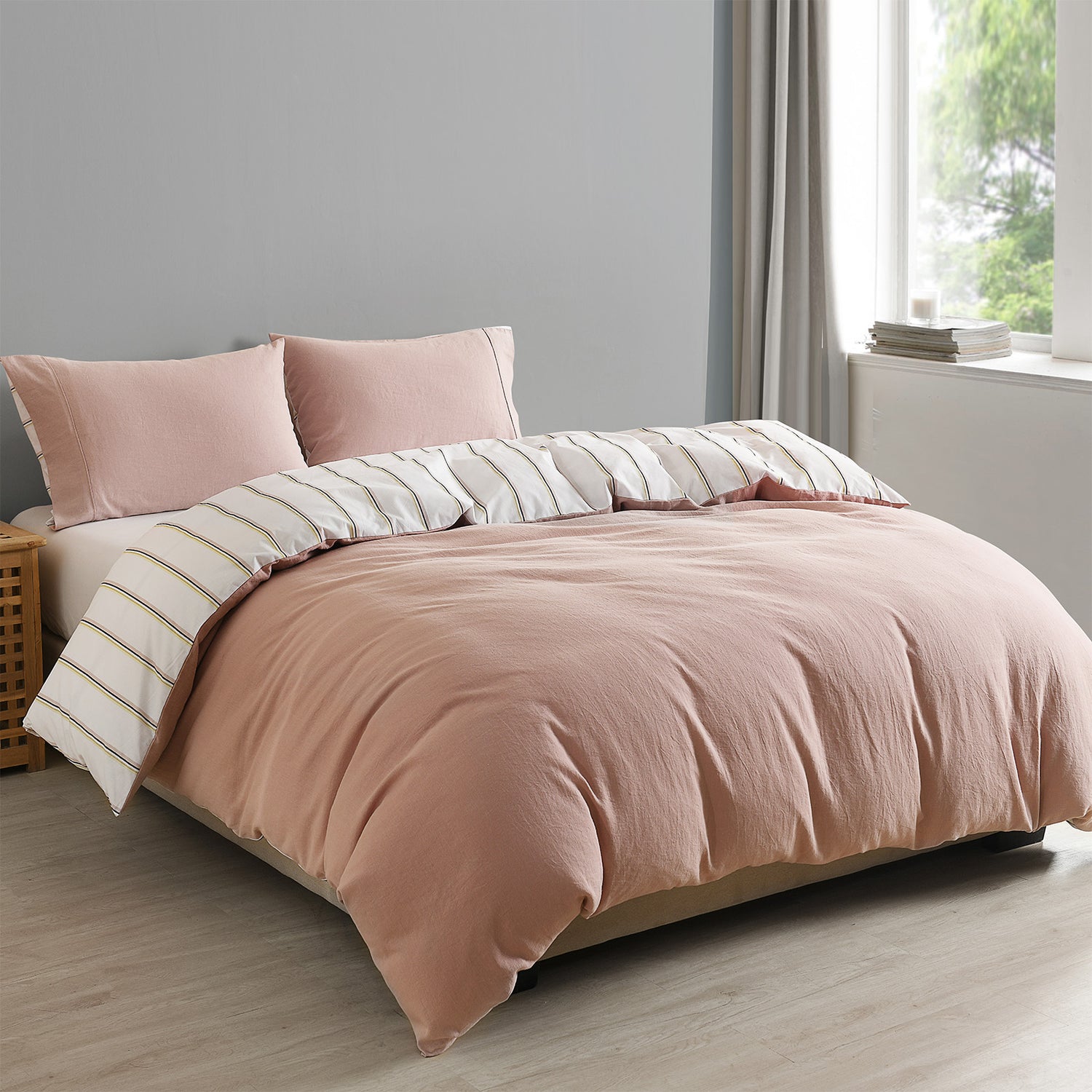 Royal Comfort Hemp Braid Cotton Blend Quilt Cover Set Reverse Stripe Bedding - King - Dusk Pink-Home &amp; Garden &gt; Bedding-PEROZ Accessories