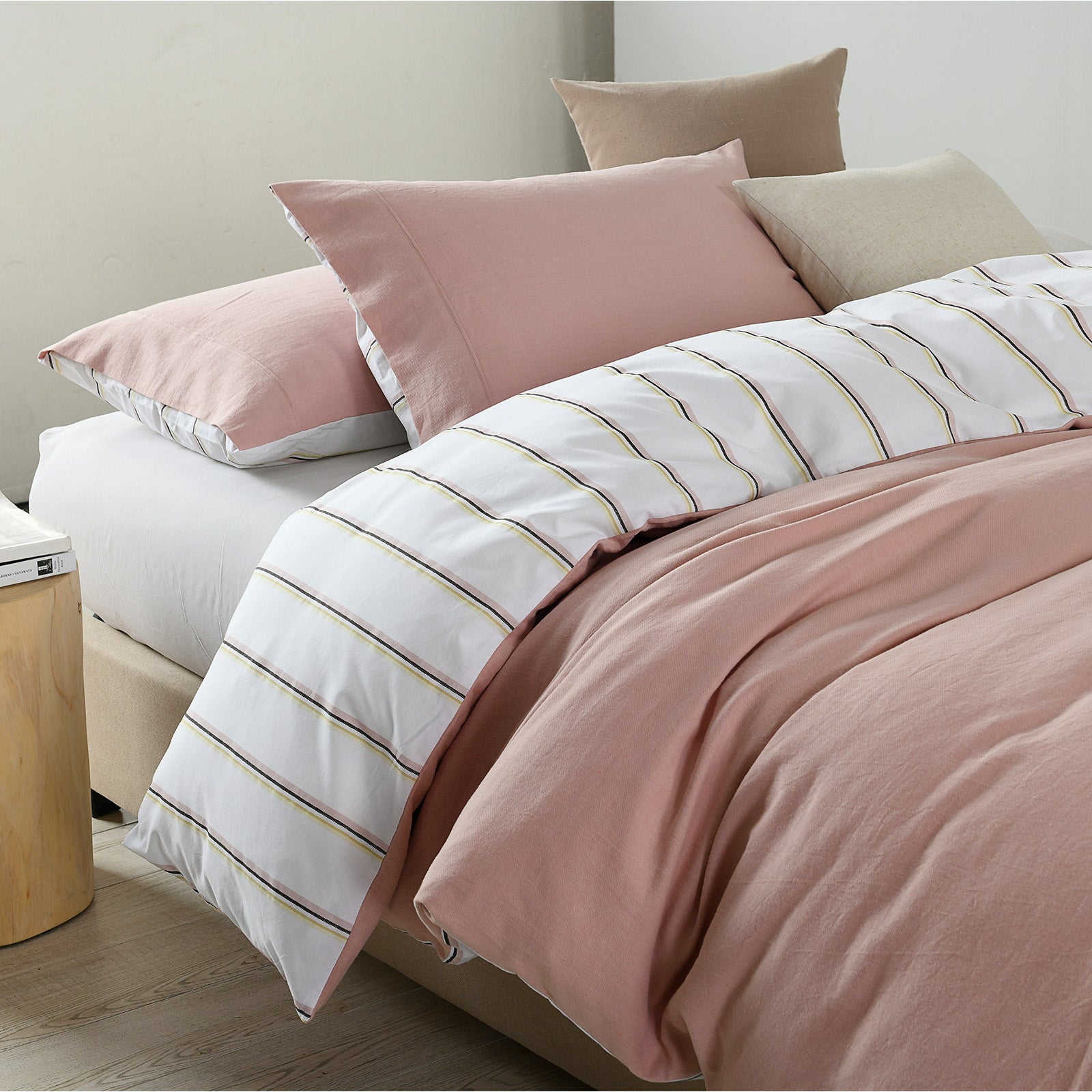 Royal Comfort Hemp Braid Cotton Blend Quilt Cover Set Reverse Stripe Bedding - King - Dusk Pink-Home &amp; Garden &gt; Bedding-PEROZ Accessories