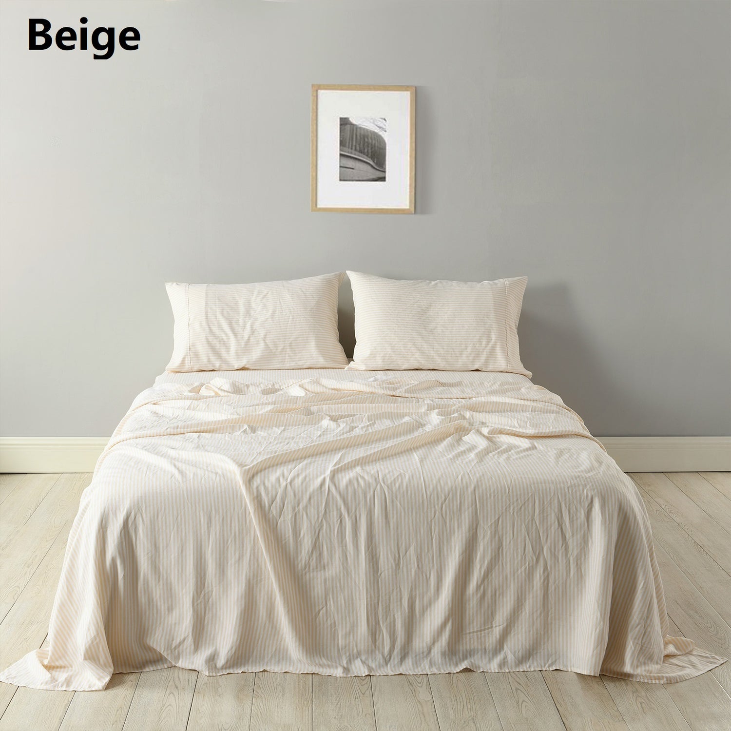 Royal Comfort Stripes Linen Blend Sheet Set Bedding Luxury Breathable Ultra Soft - Queen - Beige-Home &amp; Garden &gt; Bedding-PEROZ Accessories