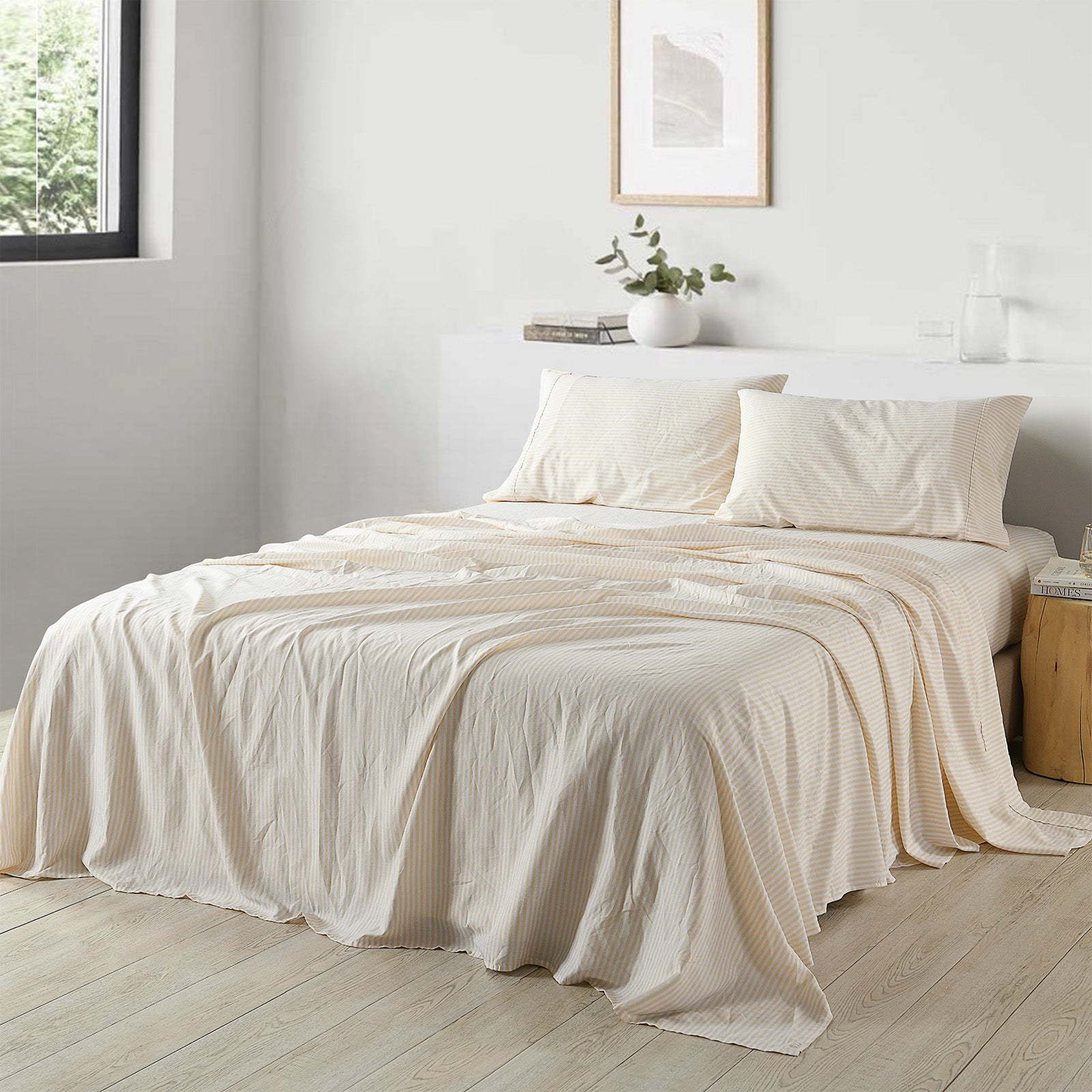Royal Comfort Stripes Linen Blend Sheet Set Bedding Luxury Breathable Ultra Soft - Queen - Beige-Home &amp; Garden &gt; Bedding-PEROZ Accessories