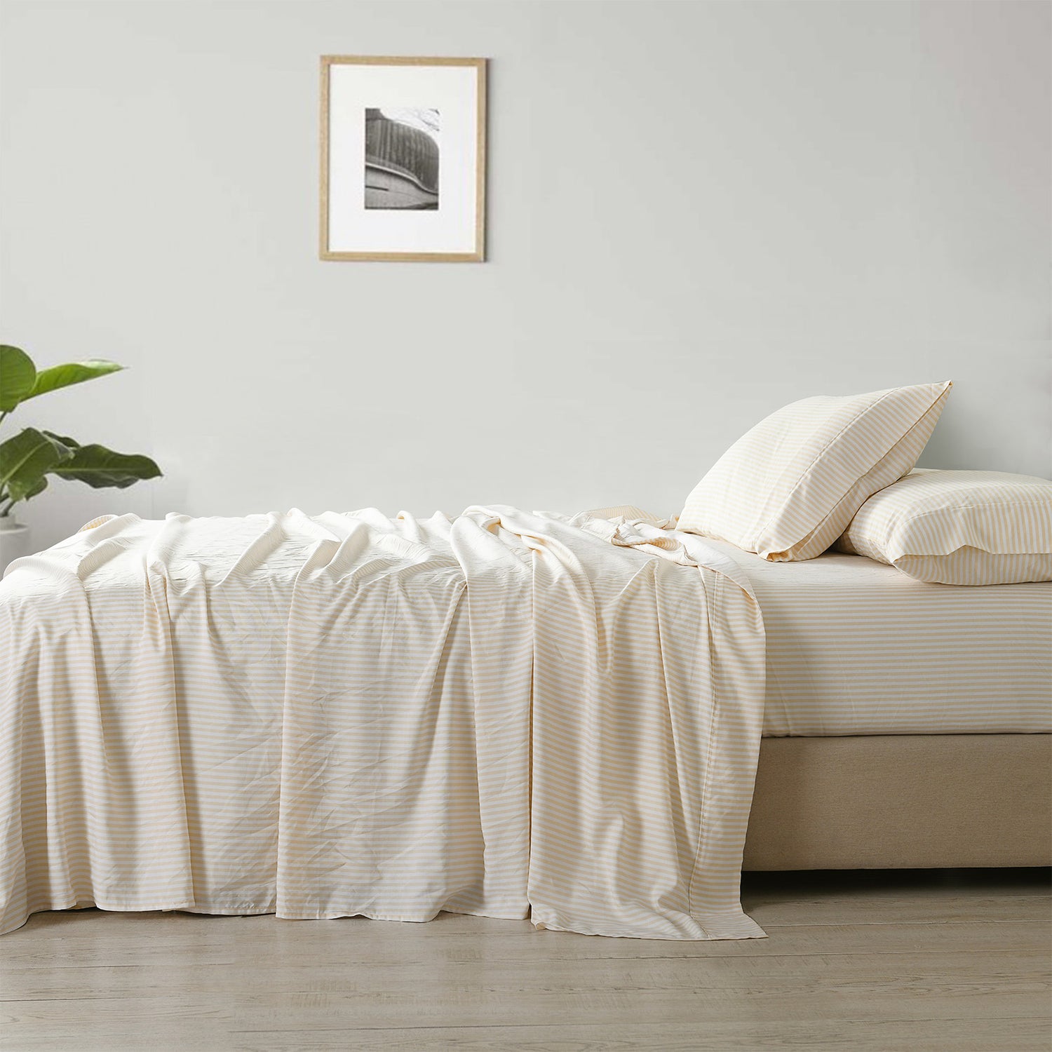 Royal Comfort Stripes Linen Blend Sheet Set Bedding Luxury Breathable Ultra Soft - Queen - Beige-Home &amp; Garden &gt; Bedding-PEROZ Accessories