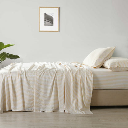 Royal Comfort Stripes Linen Blend Sheet Set Bedding Luxury Breathable Ultra Soft - Queen - Beige-Home &amp; Garden &gt; Bedding-PEROZ Accessories