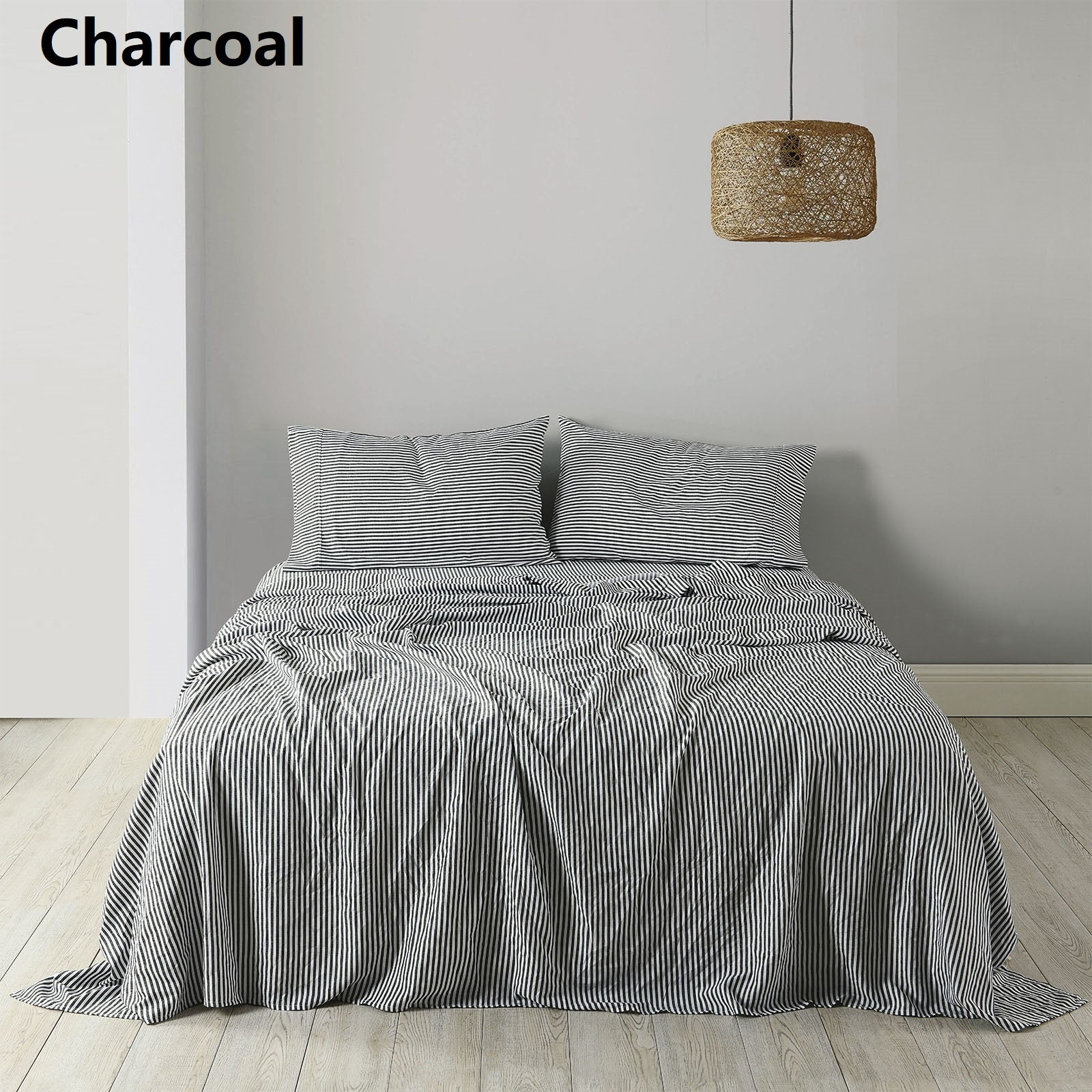Royal Comfort Stripes Linen Blend Sheet Set Bedding Luxury Breathable Ultra Soft - Queen - Charcoal-Home &amp; Garden &gt; Bedding-PEROZ Accessories