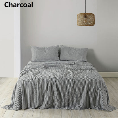 Royal Comfort Stripes Linen Blend Sheet Set Bedding Luxury Breathable Ultra Soft - Queen - Charcoal-Home &amp; Garden &gt; Bedding-PEROZ Accessories