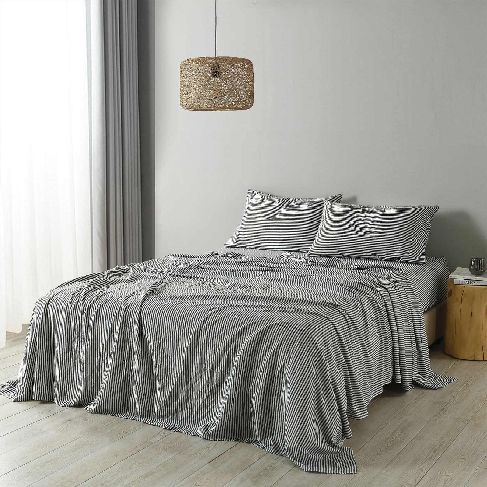 Royal Comfort Stripes Linen Blend Sheet Set Bedding Luxury Breathable Ultra Soft - Queen - Charcoal-Home &amp; Garden &gt; Bedding-PEROZ Accessories