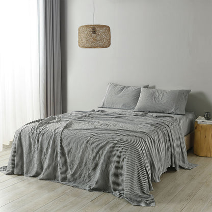 Royal Comfort Stripes Linen Blend Sheet Set Bedding Luxury Breathable Ultra Soft - Queen - Charcoal-Home &amp; Garden &gt; Bedding-PEROZ Accessories