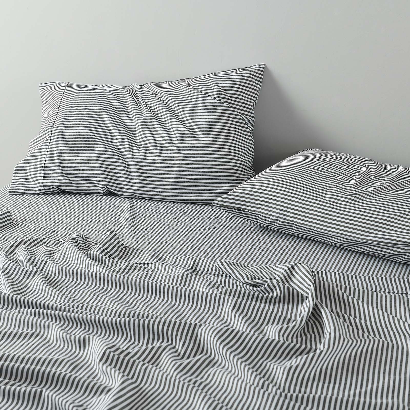 Royal Comfort Stripes Linen Blend Sheet Set Bedding Luxury Breathable Ultra Soft - Queen - Charcoal-Home &amp; Garden &gt; Bedding-PEROZ Accessories
